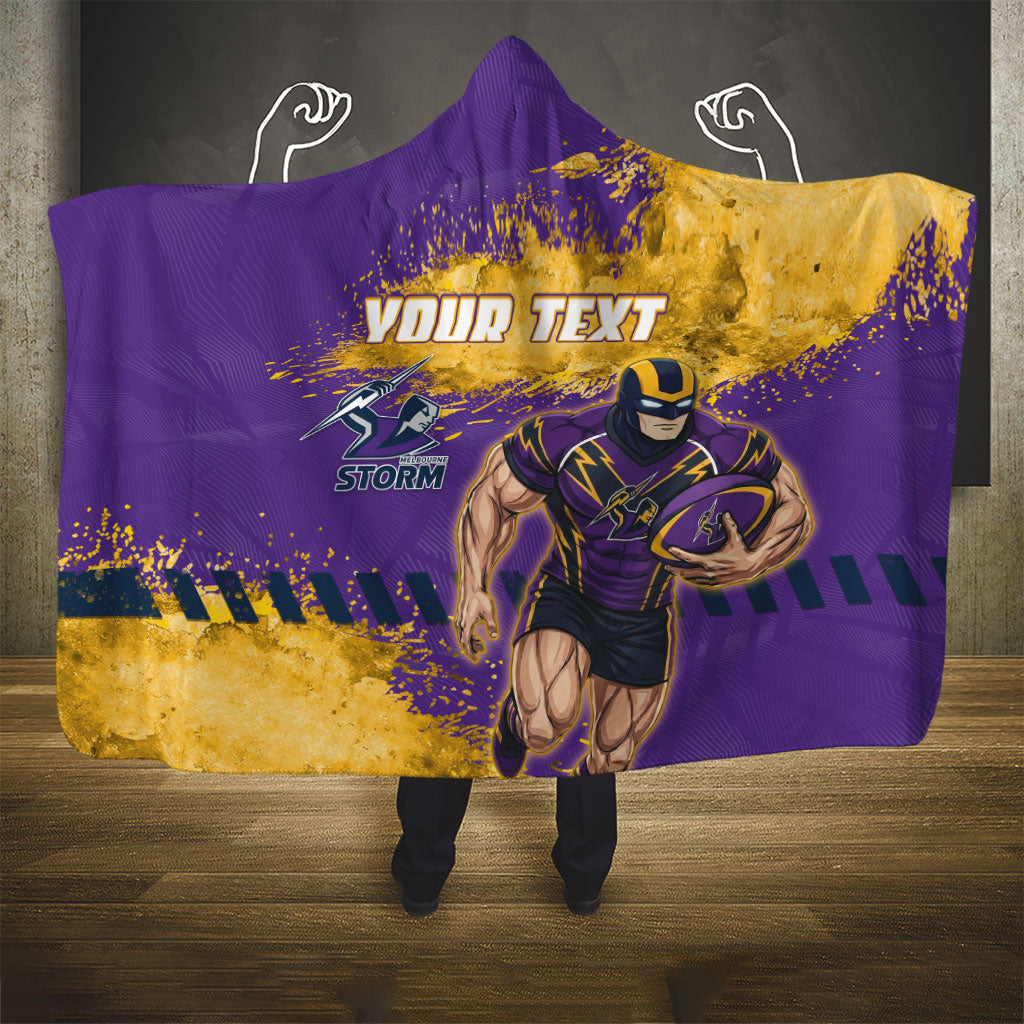 Personalised Melbourne Storm Rugby Hooded Blanket Superhero Purple Storm Mascot - Sporty Splash Art Style
