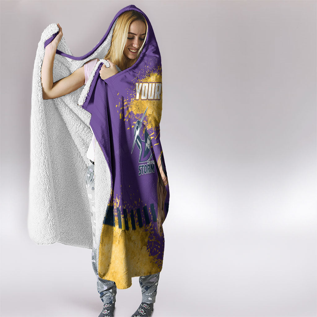 Personalised Melbourne Storm Rugby Hooded Blanket Superhero Purple Storm Mascot - Sporty Splash Art Style