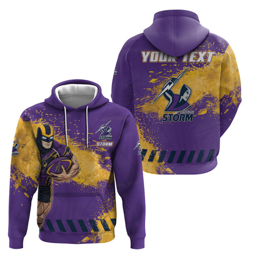 Personalised Melbourne Storm Rugby Hoodie Superhero Purple Storm Mascot - Sporty Splash Art Style