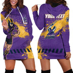 Personalised Melbourne Storm Rugby Hoodie Dress Superhero Purple Storm Mascot - Sporty Splash Art Style