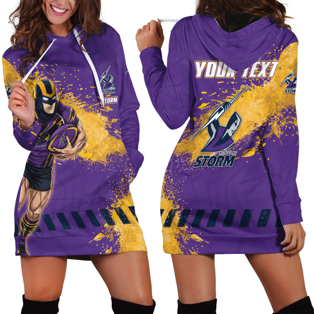 Personalised Melbourne Storm Rugby Hoodie Dress Superhero Purple Storm Mascot - Sporty Splash Art Style