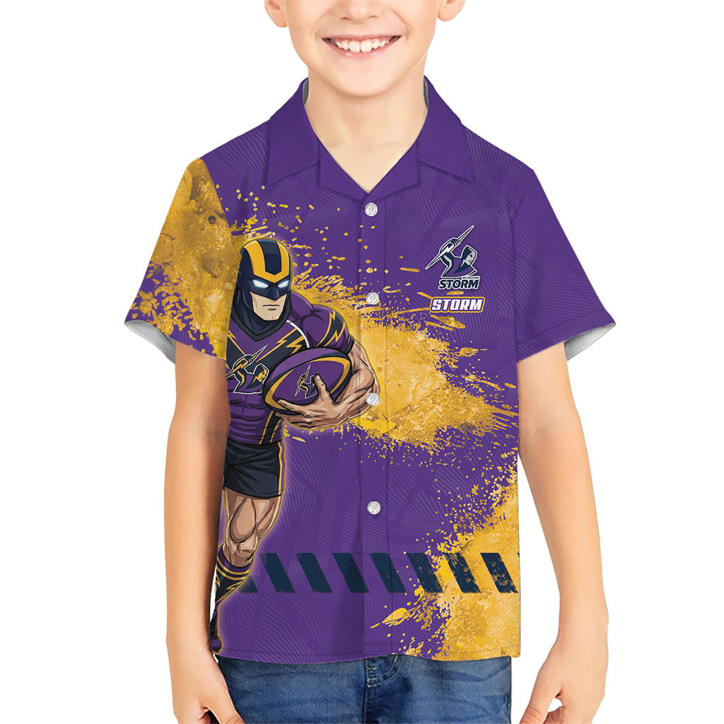 Personalised Melbourne Storm Rugby Kid Hawaiian Shirt Superhero Purple Storm Mascot - Sporty Splash Art Style