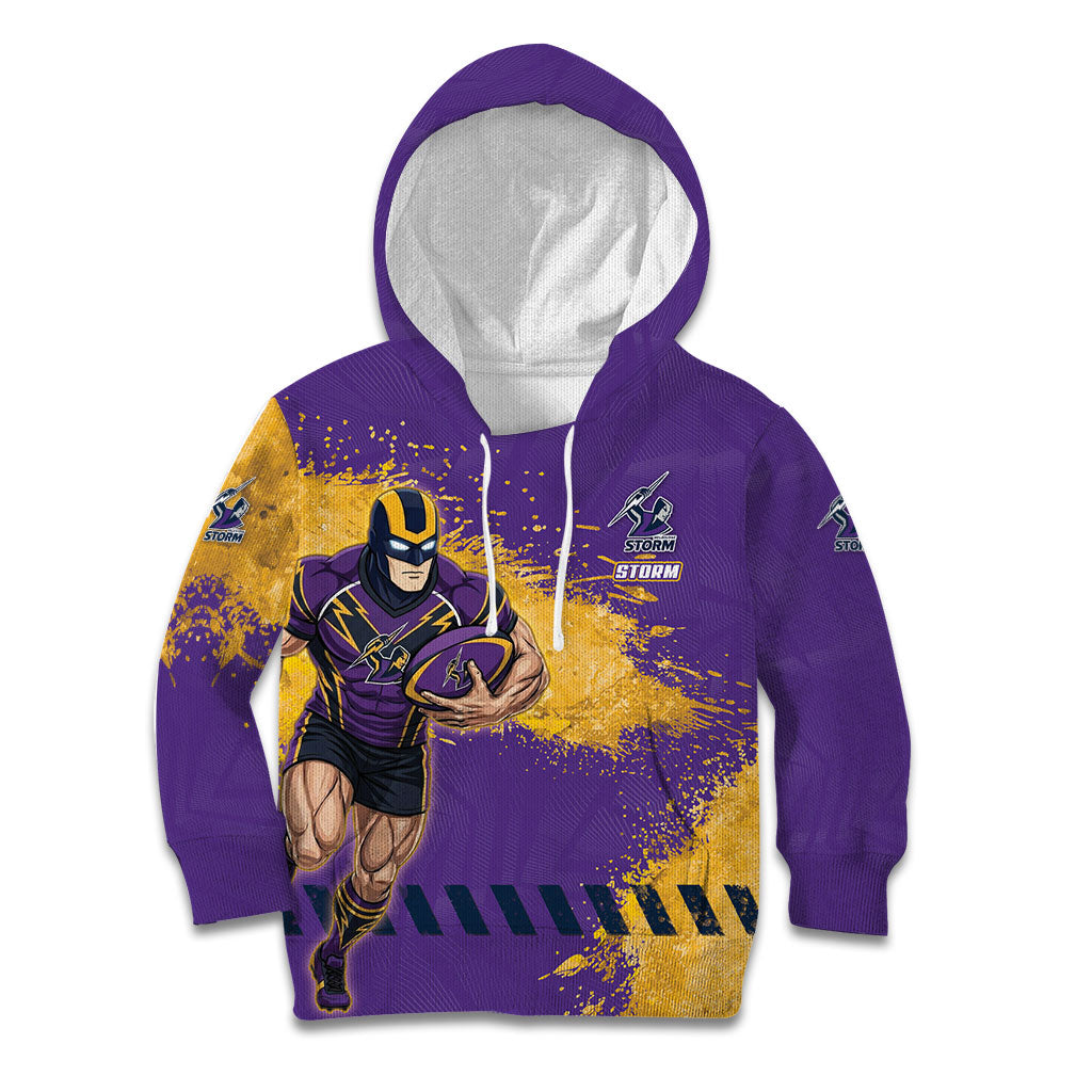 Personalised Melbourne Storm Rugby Kid Hoodie Superhero Purple Storm Mascot - Sporty Splash Art Style