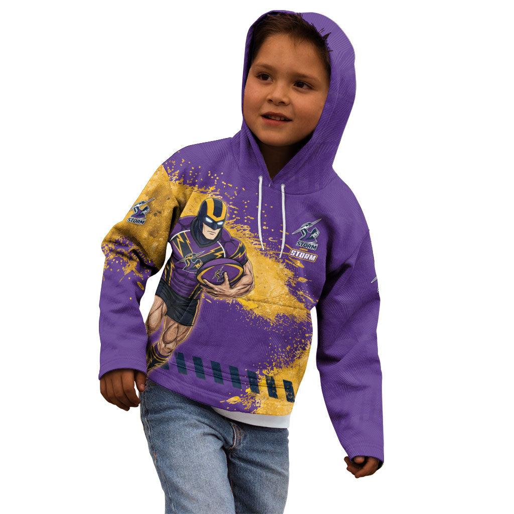 Personalised Melbourne Storm Rugby Kid Hoodie Superhero Purple Storm Mascot - Sporty Splash Art Style