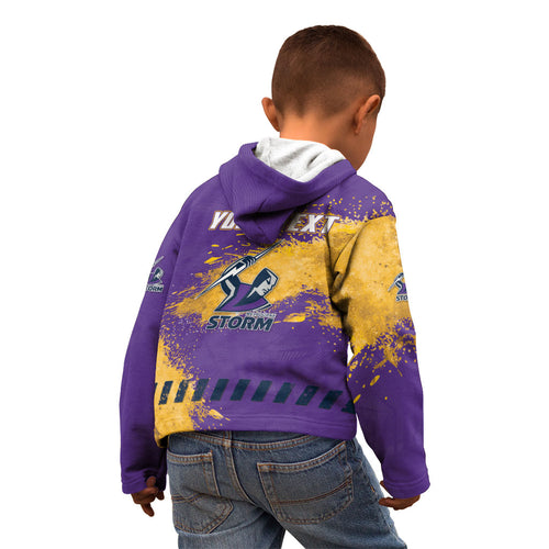 Personalised Melbourne Storm Rugby Kid Hoodie Superhero Purple Storm Mascot - Sporty Splash Art Style