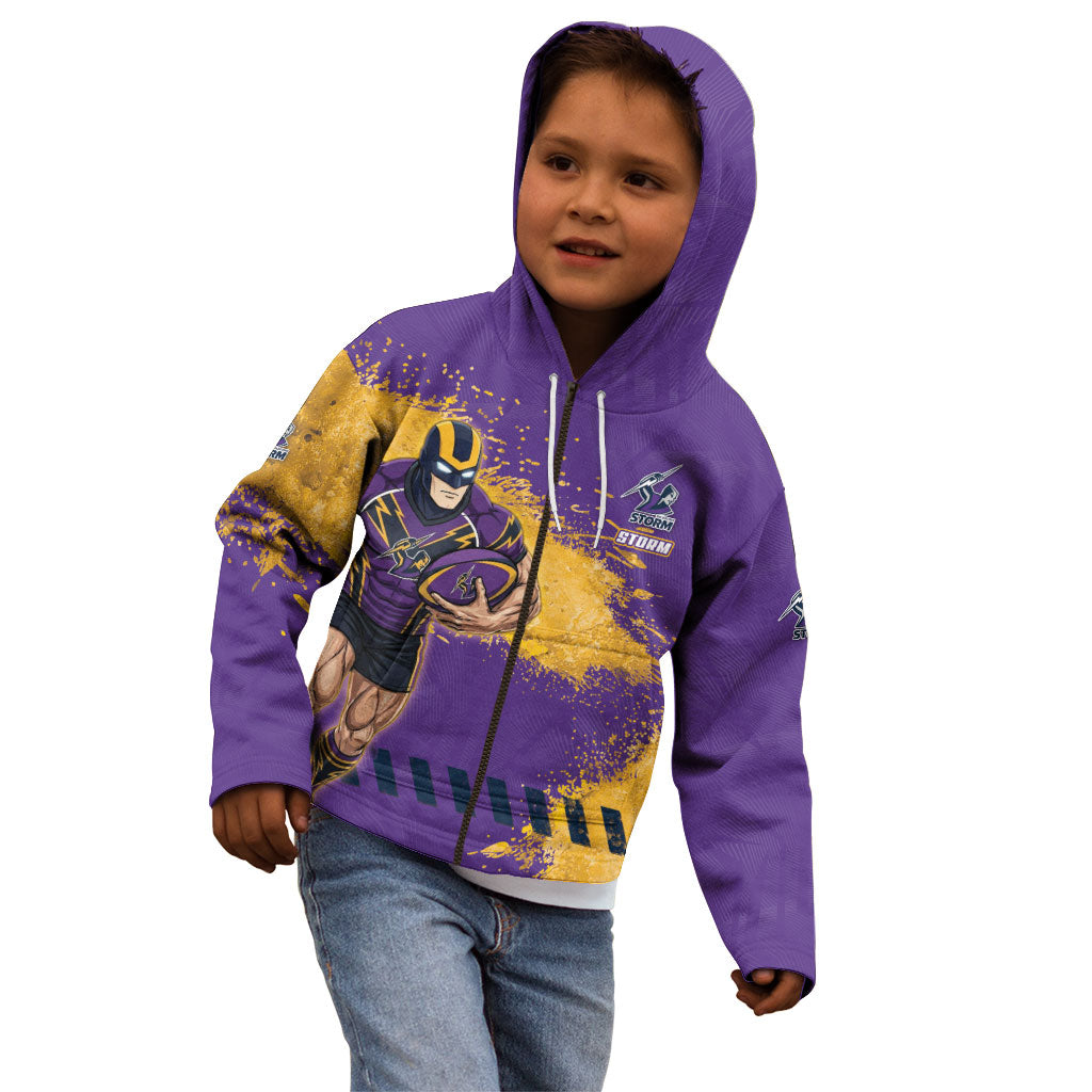 Personalised Melbourne Storm Rugby Kid Hoodie Superhero Purple Storm Mascot - Sporty Splash Art Style