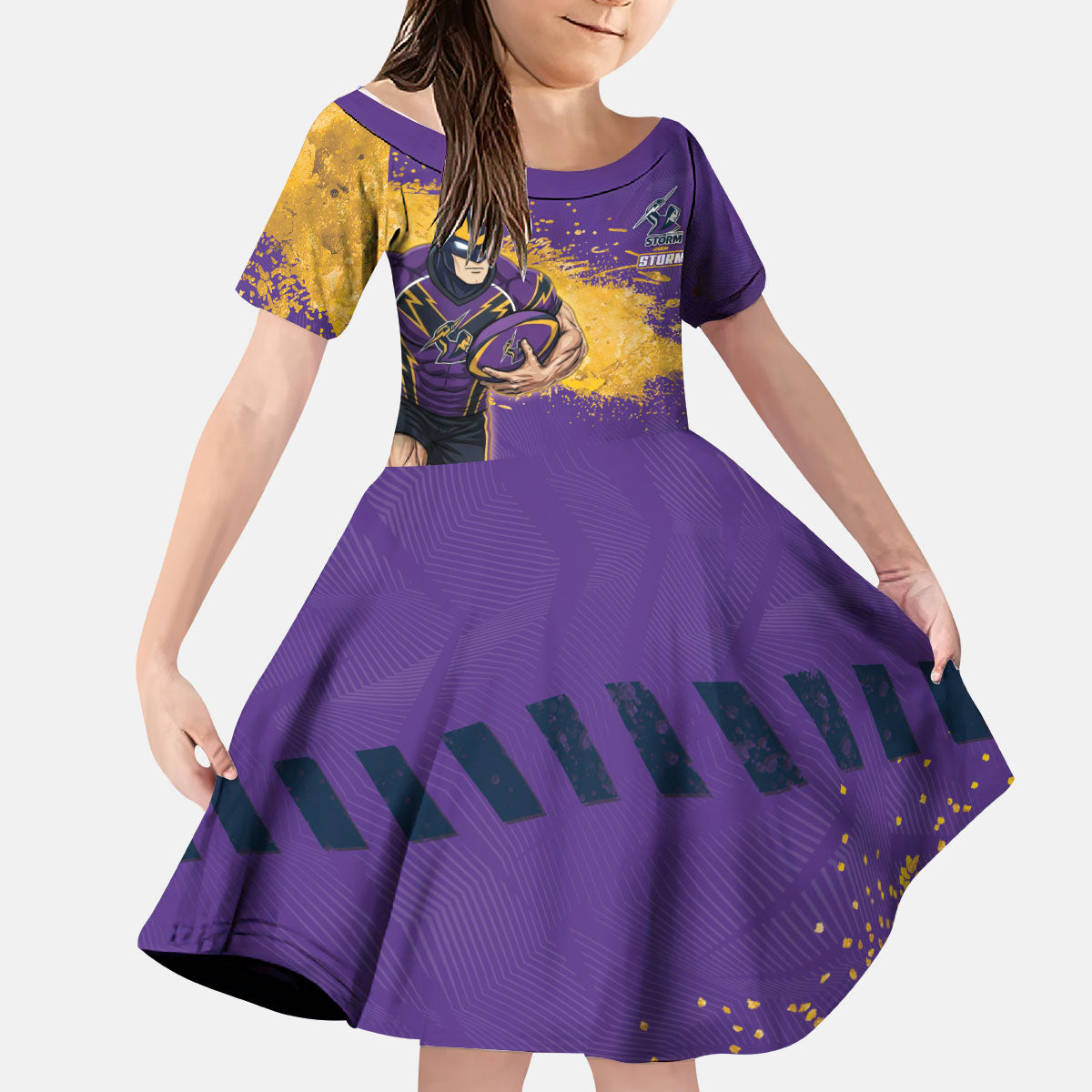 Personalised Melbourne Storm Rugby Kid Short Sleeve Dress Superhero Purple Storm Mascot - Sporty Splash Art Style