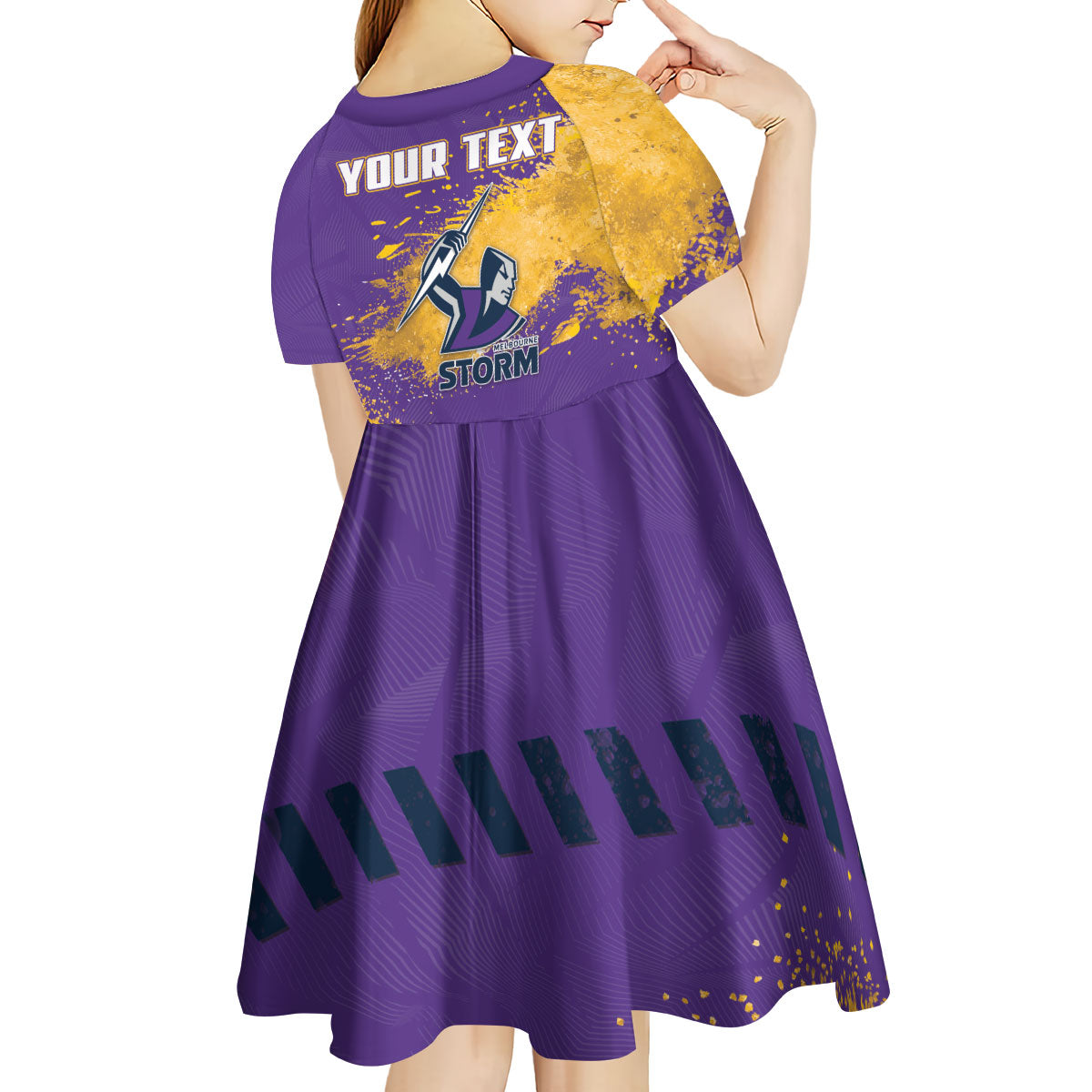 Personalised Melbourne Storm Rugby Kid Short Sleeve Dress Superhero Purple Storm Mascot - Sporty Splash Art Style