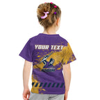 Personalised Melbourne Storm Rugby Kid T Shirt Superhero Purple Storm Mascot - Sporty Splash Art Style