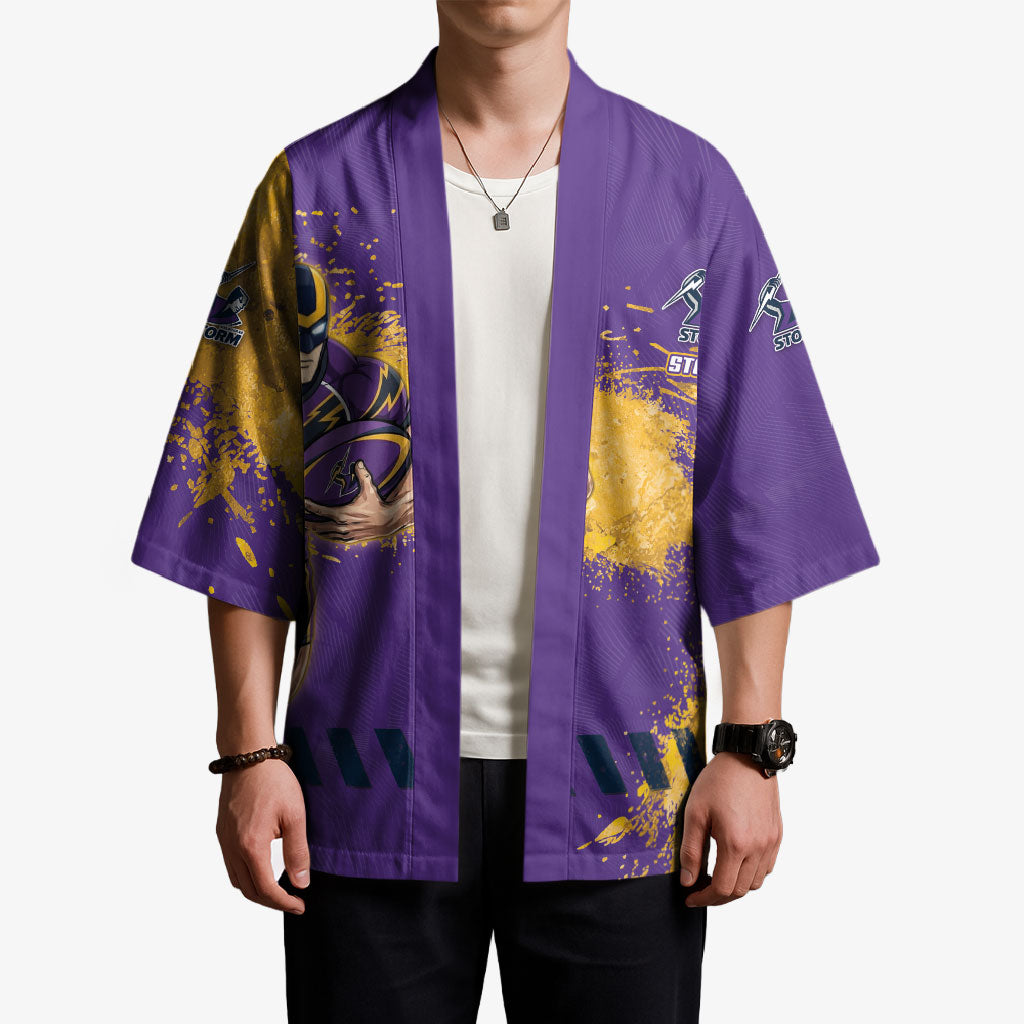 Personalised Melbourne Storm Rugby Kimono Superhero Purple Storm Mascot - Sporty Splash Art Style