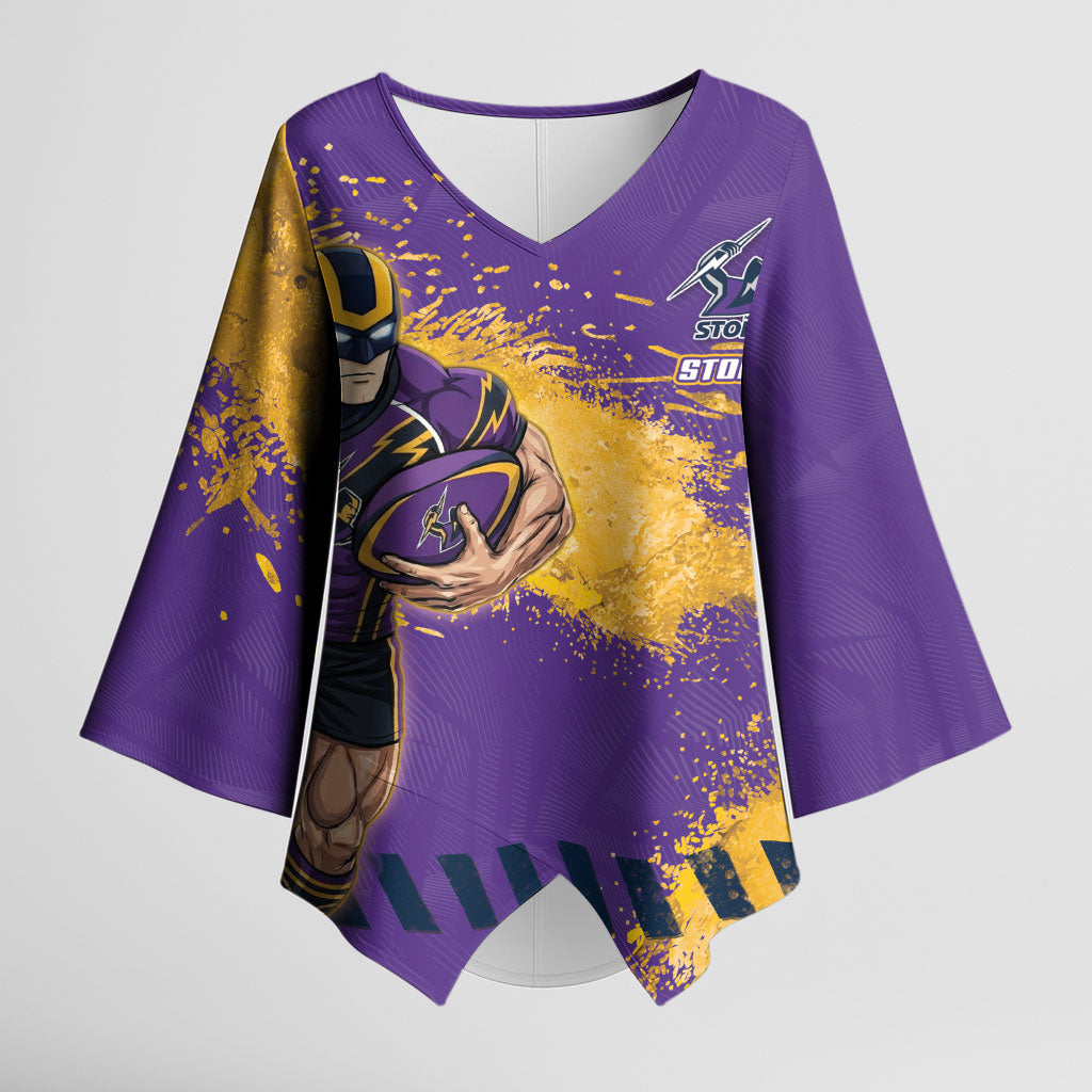 Personalised Melbourne Storm Rugby Kimono Sleeve Blouse Superhero Purple Storm Mascot - Sporty Splash Art Style