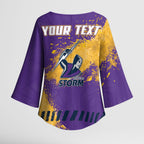 Personalised Melbourne Storm Rugby Kimono Sleeve Blouse Superhero Purple Storm Mascot - Sporty Splash Art Style