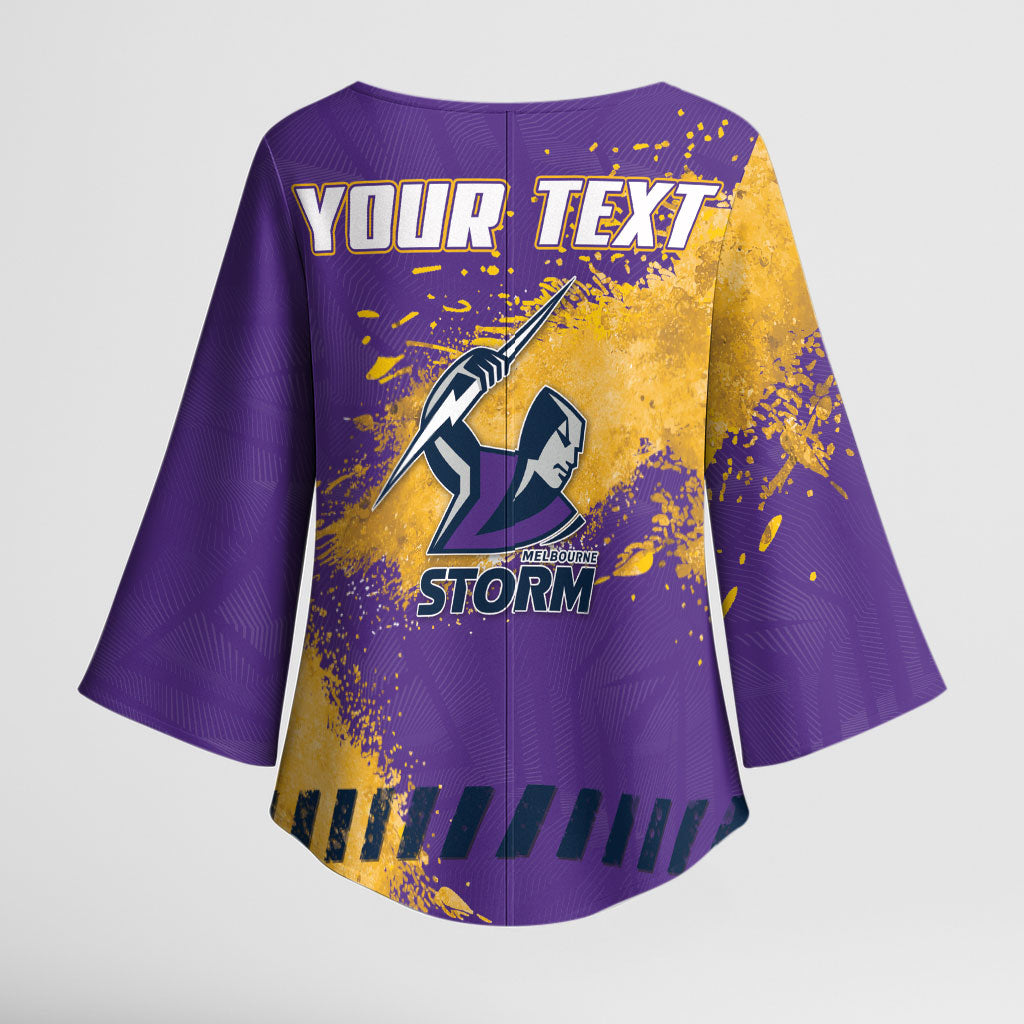 Personalised Melbourne Storm Rugby Kimono Sleeve Blouse Superhero Purple Storm Mascot - Sporty Splash Art Style