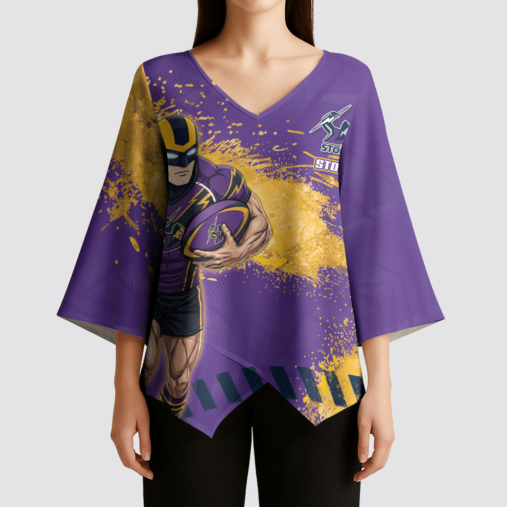 Personalised Melbourne Storm Rugby Kimono Sleeve Blouse Superhero Purple Storm Mascot - Sporty Splash Art Style