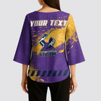 Personalised Melbourne Storm Rugby Kimono Sleeve Blouse Superhero Purple Storm Mascot - Sporty Splash Art Style
