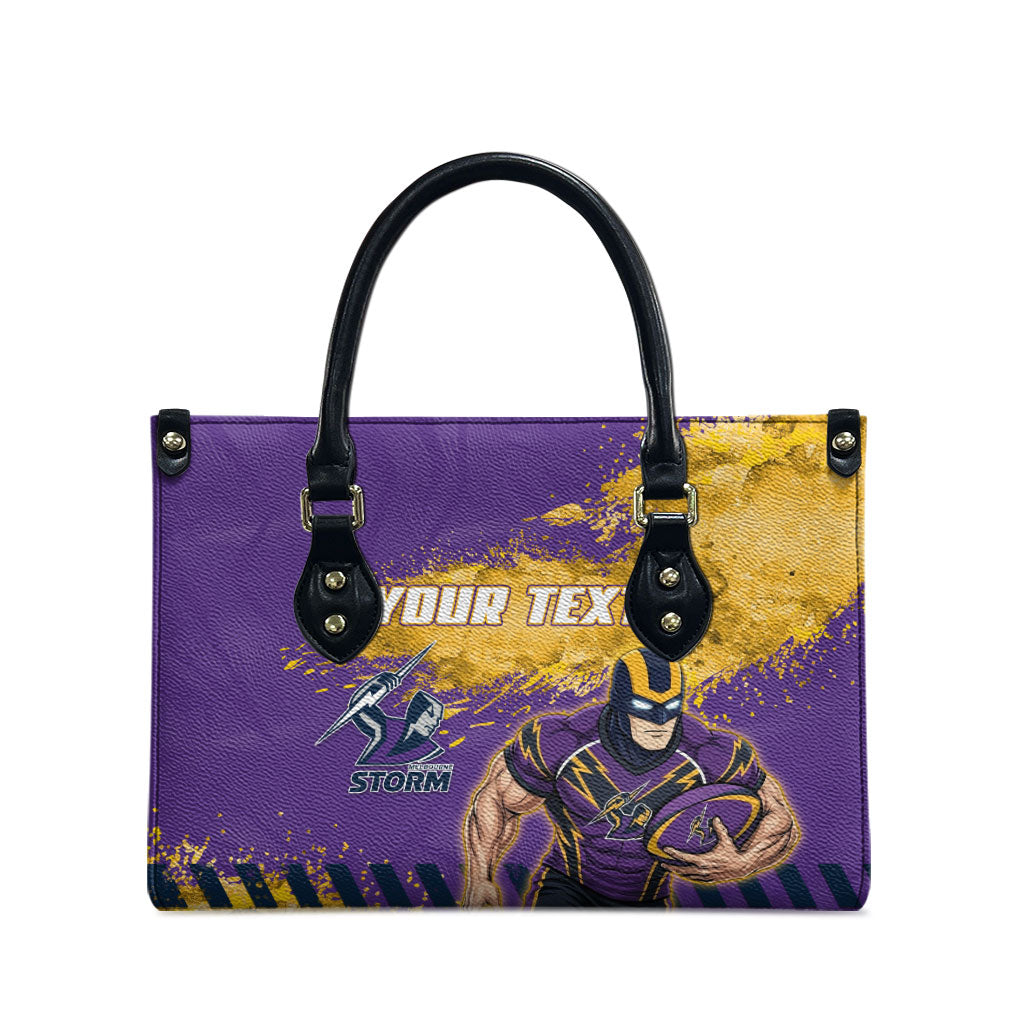 Personalised Melbourne Storm Rugby Leather Bag Superhero Purple Storm Mascot - Sporty Splash Art Style