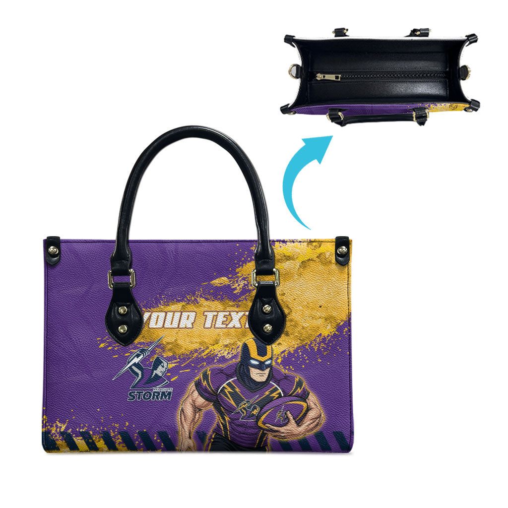 Personalised Melbourne Storm Rugby Leather Bag Superhero Purple Storm Mascot - Sporty Splash Art Style