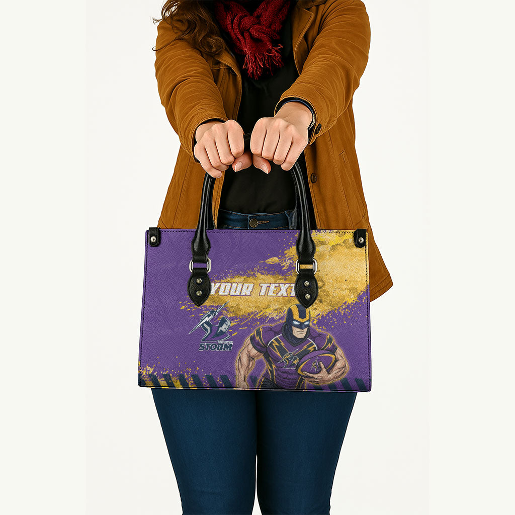 Personalised Melbourne Storm Rugby Leather Bag Superhero Purple Storm Mascot - Sporty Splash Art Style