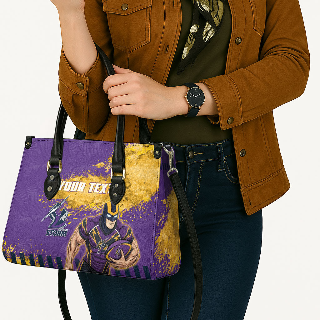 Personalised Melbourne Storm Rugby Leather Bag Superhero Purple Storm Mascot - Sporty Splash Art Style