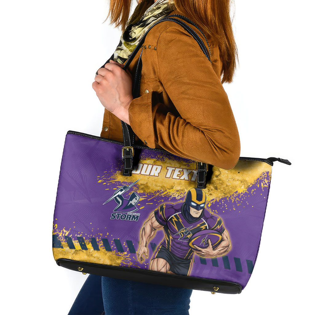 Personalised Melbourne Storm Rugby Leather Tote Bag Superhero Purple Storm Mascot - Sporty Splash Art Style