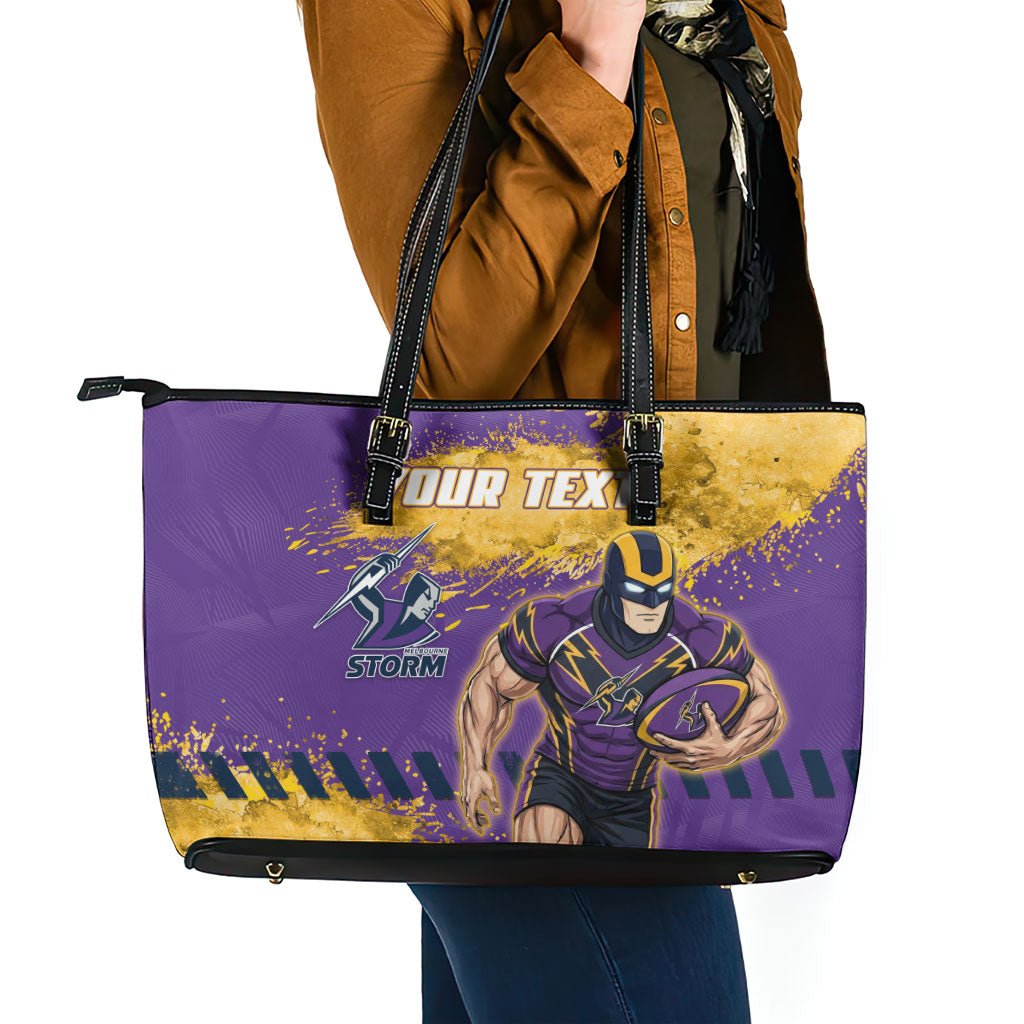 Personalised Melbourne Storm Rugby Leather Tote Bag Superhero Purple Storm Mascot - Sporty Splash Art Style