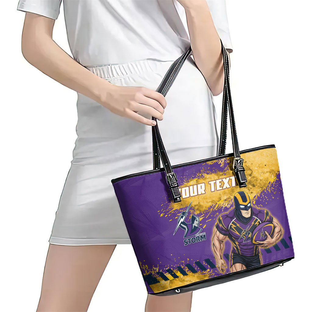 Personalised Melbourne Storm Rugby Leather Tote Bag Superhero Purple Storm Mascot - Sporty Splash Art Style