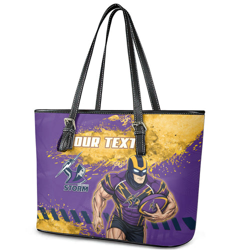 Personalised Melbourne Storm Rugby Leather Tote Bag Superhero Purple Storm Mascot - Sporty Splash Art Style