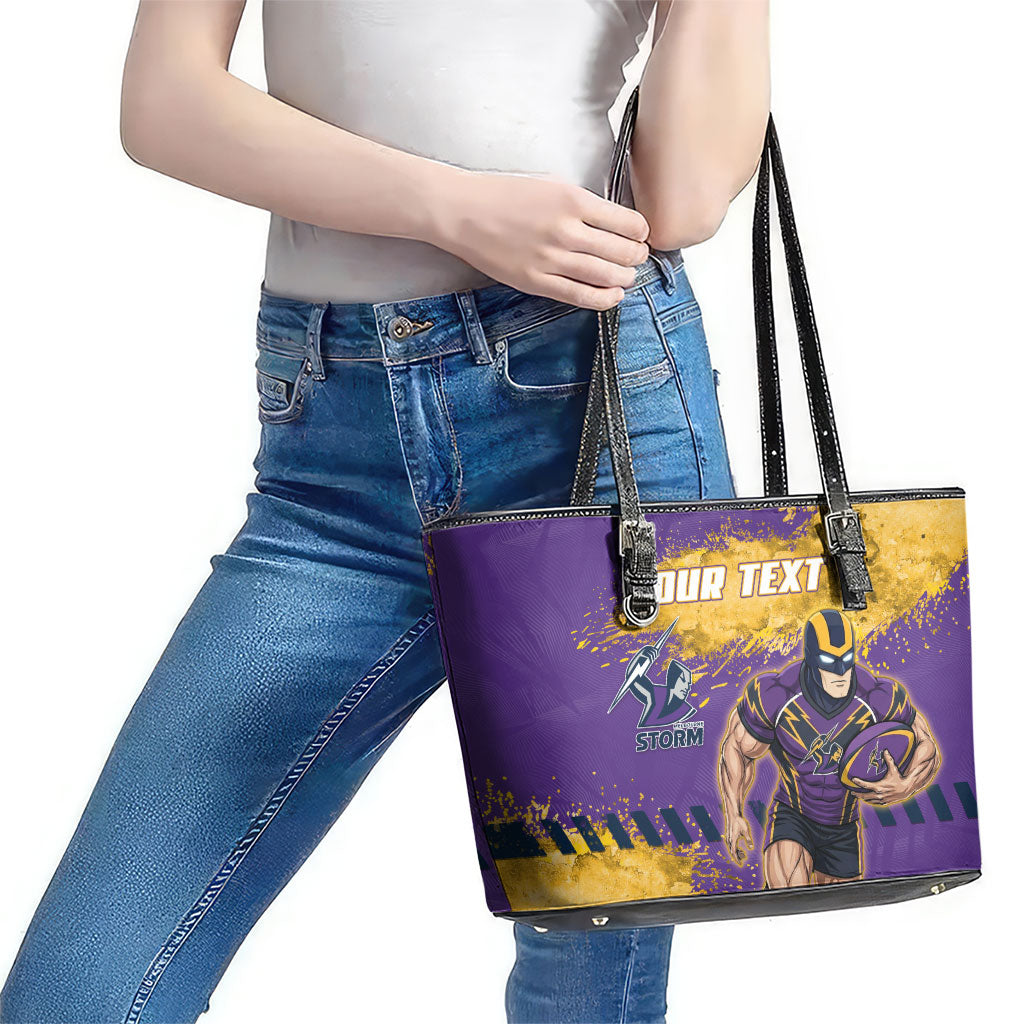 Personalised Melbourne Storm Rugby Leather Tote Bag Superhero Purple Storm Mascot - Sporty Splash Art Style