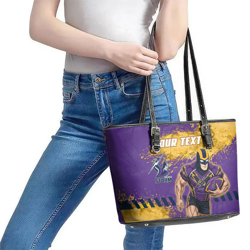 Personalised Melbourne Storm Rugby Leather Tote Bag Superhero Purple Storm Mascot - Sporty Splash Art Style
