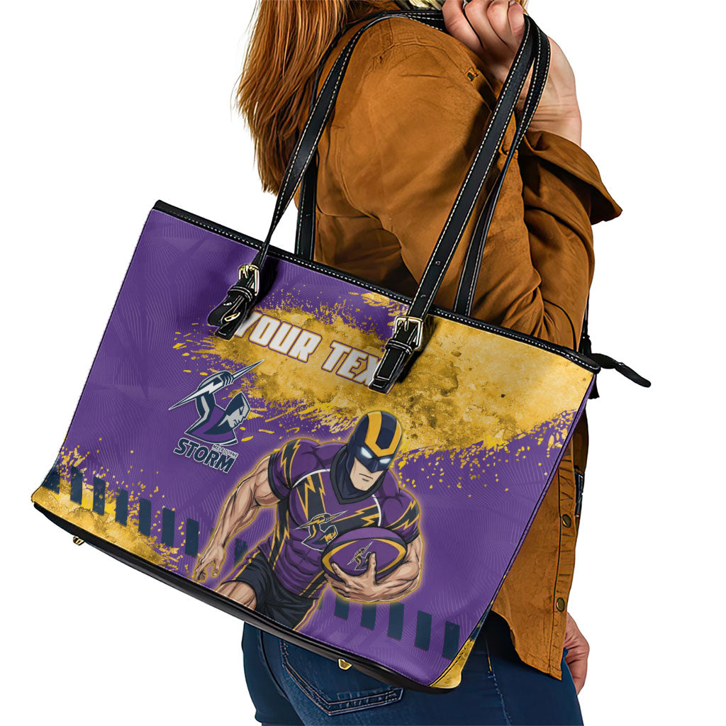 Personalised Melbourne Storm Rugby Leather Tote Bag Superhero Purple Storm Mascot - Sporty Splash Art Style