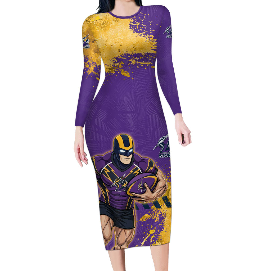 Personalised Melbourne Storm Rugby Long Sleeve Bodycon Dress Superhero Purple Storm Mascot - Sporty Splash Art Style