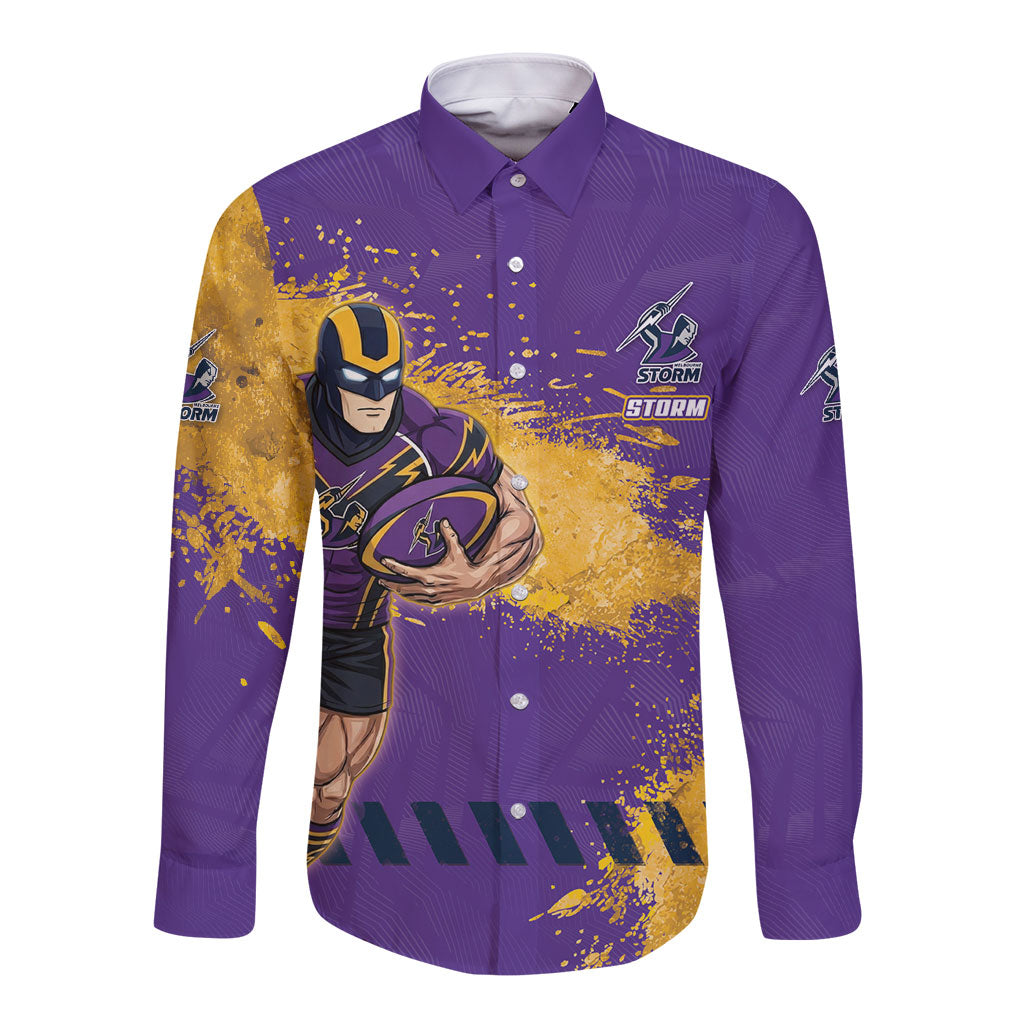 Personalised Melbourne Storm Rugby Long Sleeve Button Shirt Superhero Purple Storm Mascot - Sporty Splash Art Style
