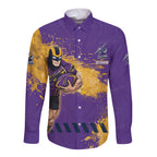 Personalised Melbourne Storm Rugby Long Sleeve Button Shirt Superhero Purple Storm Mascot - Sporty Splash Art Style