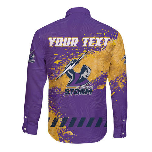 Personalised Melbourne Storm Rugby Long Sleeve Button Shirt Superhero Purple Storm Mascot - Sporty Splash Art Style