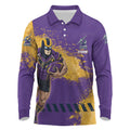Personalised Melbourne Storm Rugby Long Sleeve Polo Shirt Superhero Purple Storm Mascot - Sporty Splash Art Style