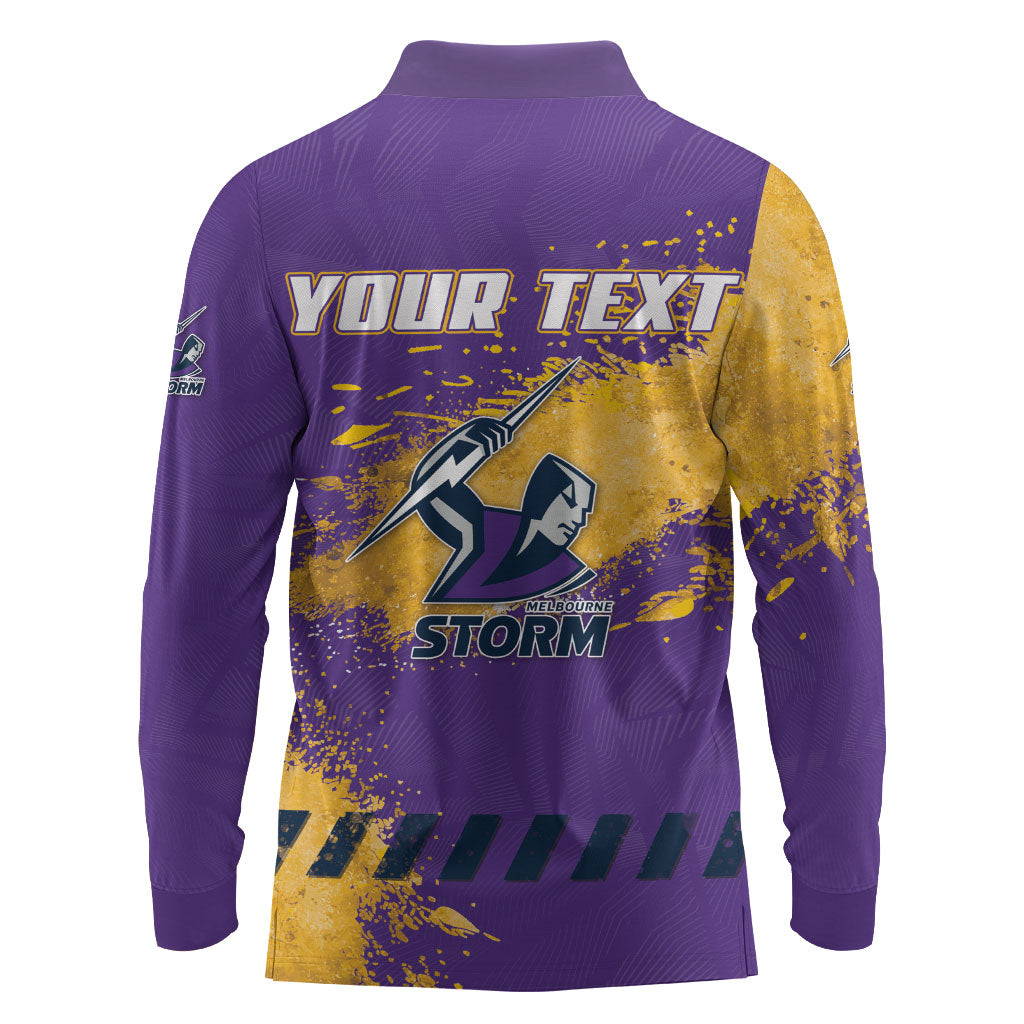 Personalised Melbourne Storm Rugby Long Sleeve Polo Shirt Superhero Purple Storm Mascot - Sporty Splash Art Style