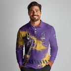 Personalised Melbourne Storm Rugby Long Sleeve Polo Shirt Superhero Purple Storm Mascot - Sporty Splash Art Style
