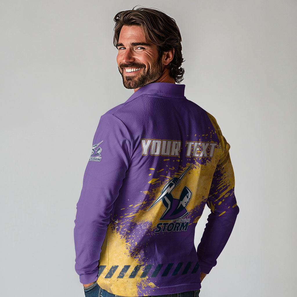 Personalised Melbourne Storm Rugby Long Sleeve Polo Shirt Superhero Purple Storm Mascot - Sporty Splash Art Style
