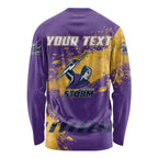 Personalised Melbourne Storm Rugby Long Sleeve Shirt Superhero Purple Storm Mascot - Sporty Splash Art Style