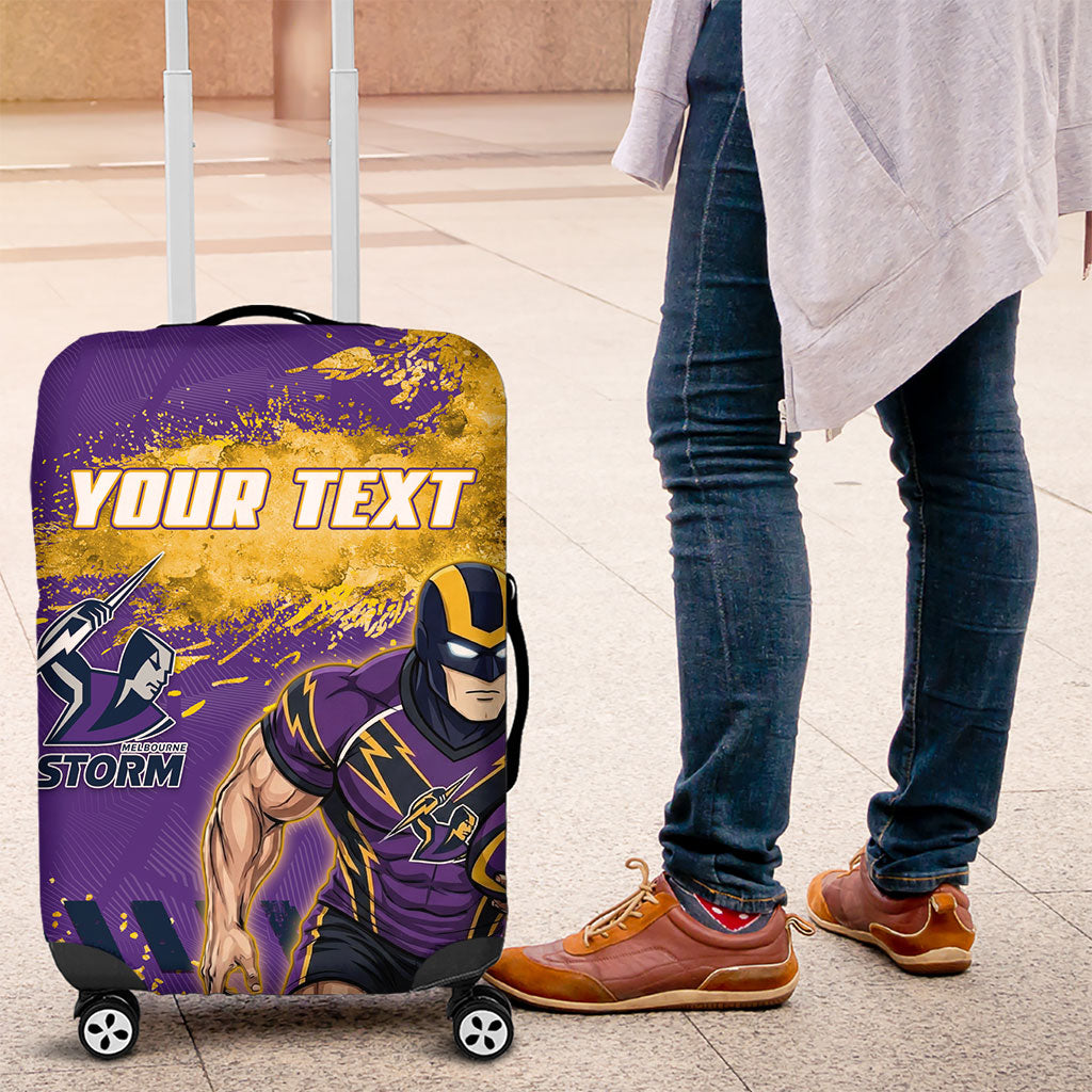 Personalised Melbourne Storm Rugby Luggage Cover Superhero Purple Storm Mascot - Sporty Splash Art Style