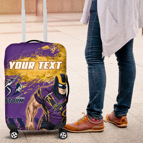 Personalised Melbourne Storm Rugby Luggage Cover Superhero Purple Storm Mascot - Sporty Splash Art Style