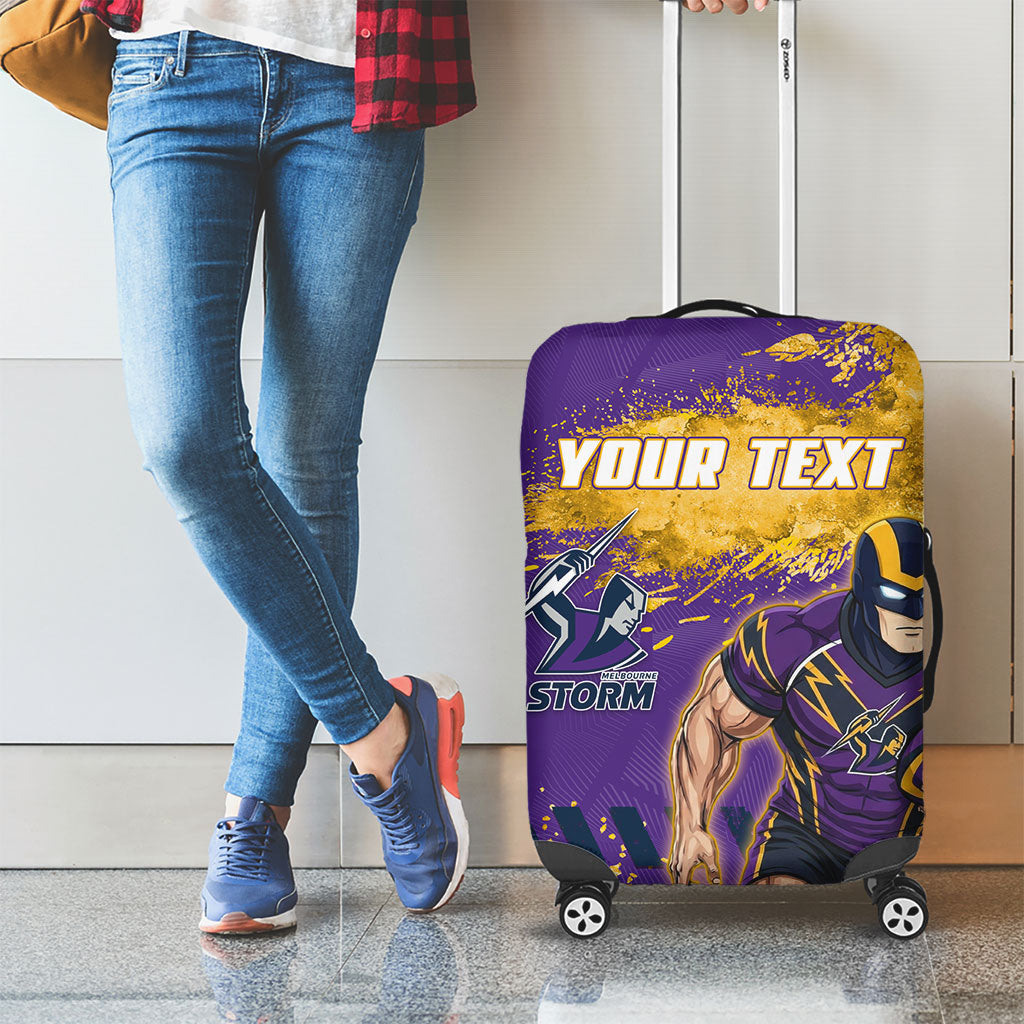 Personalised Melbourne Storm Rugby Luggage Cover Superhero Purple Storm Mascot - Sporty Splash Art Style