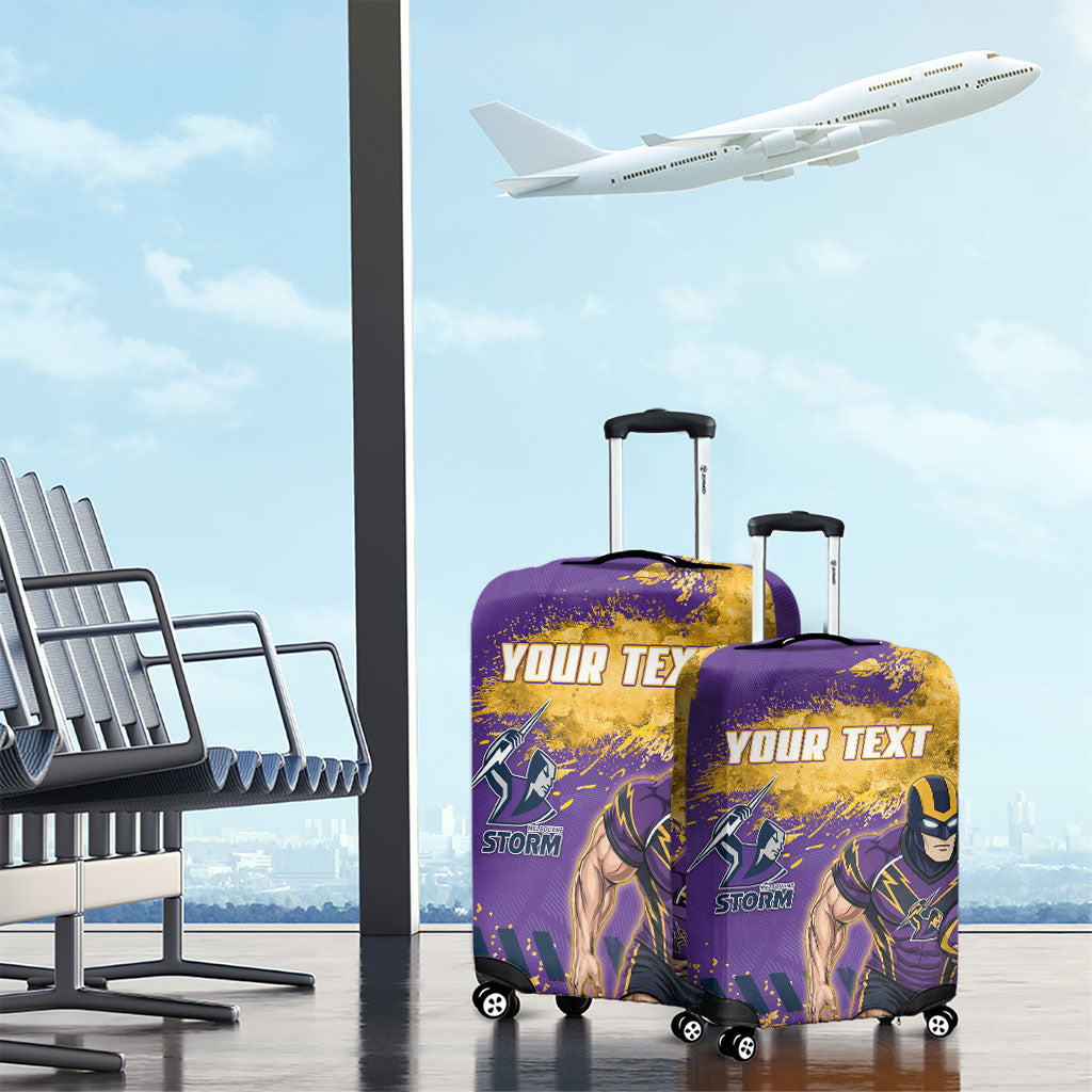Personalised Melbourne Storm Rugby Luggage Cover Superhero Purple Storm Mascot - Sporty Splash Art Style