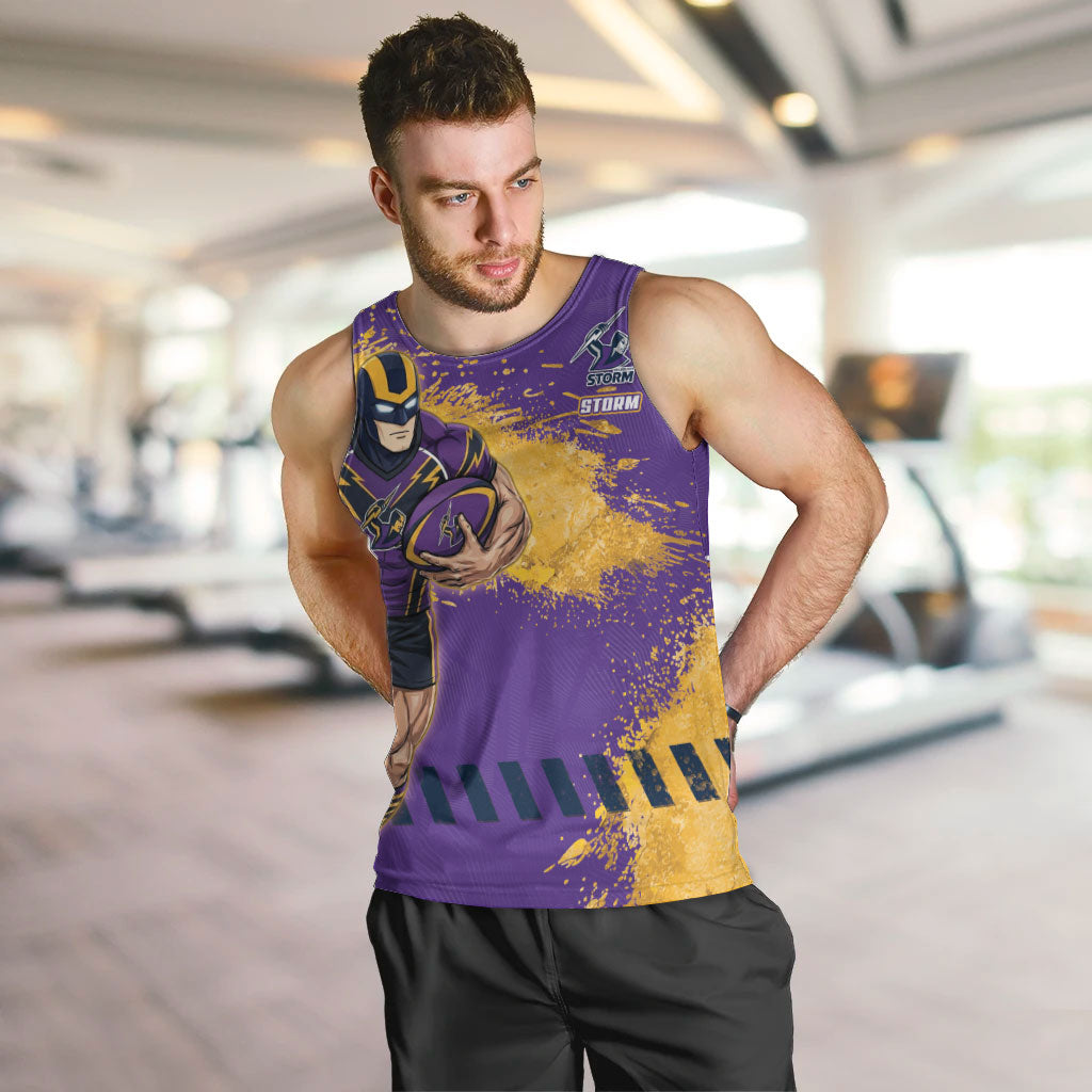 Personalised Melbourne Storm Rugby Men Tank Top Superhero Purple Storm Mascot - Sporty Splash Art Style