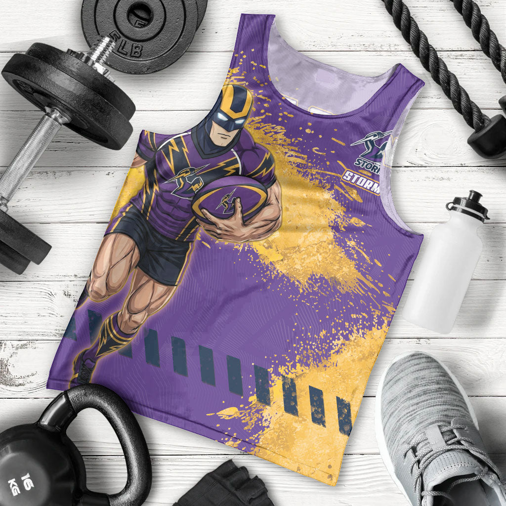 Personalised Melbourne Storm Rugby Men Tank Top Superhero Purple Storm Mascot - Sporty Splash Art Style