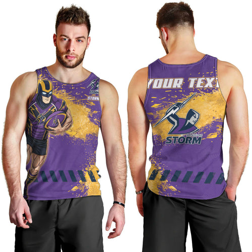 Personalised Melbourne Storm Rugby Men Tank Top Superhero Purple Storm Mascot - Sporty Splash Art Style