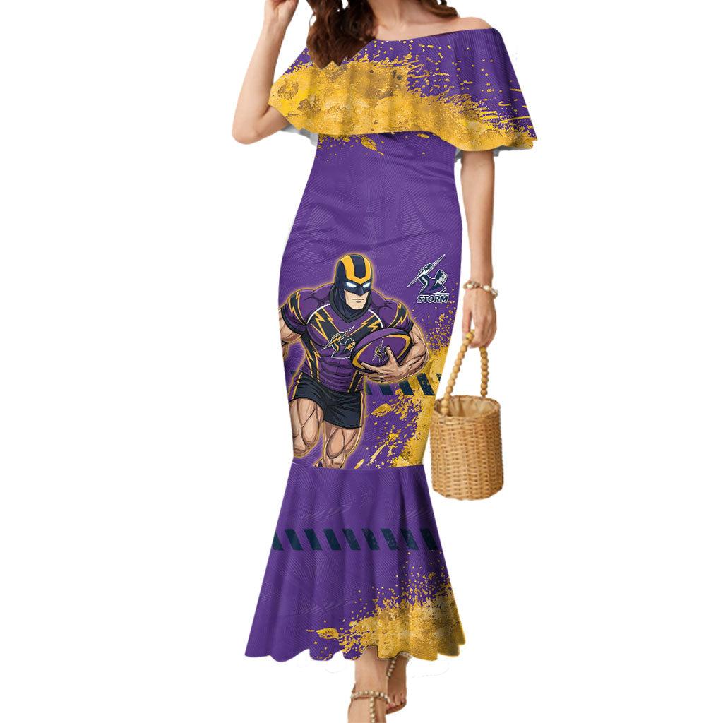 Personalised Melbourne Storm Rugby Mermaid Dress Superhero Purple Storm Mascot - Sporty Splash Art Style