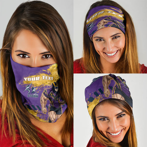 Personalised Melbourne Storm Rugby Neck Gaiter Superhero Purple Storm Mascot - Sporty Splash Art Style