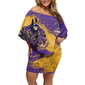 Personalised Melbourne Storm Rugby Off Shoulder Short Dress Superhero Purple Storm Mascot - Sporty Splash Art Style