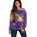 Personalised Melbourne Storm Rugby Off Shoulder Sweater Superhero Purple Storm Mascot - Sporty Splash Art Style